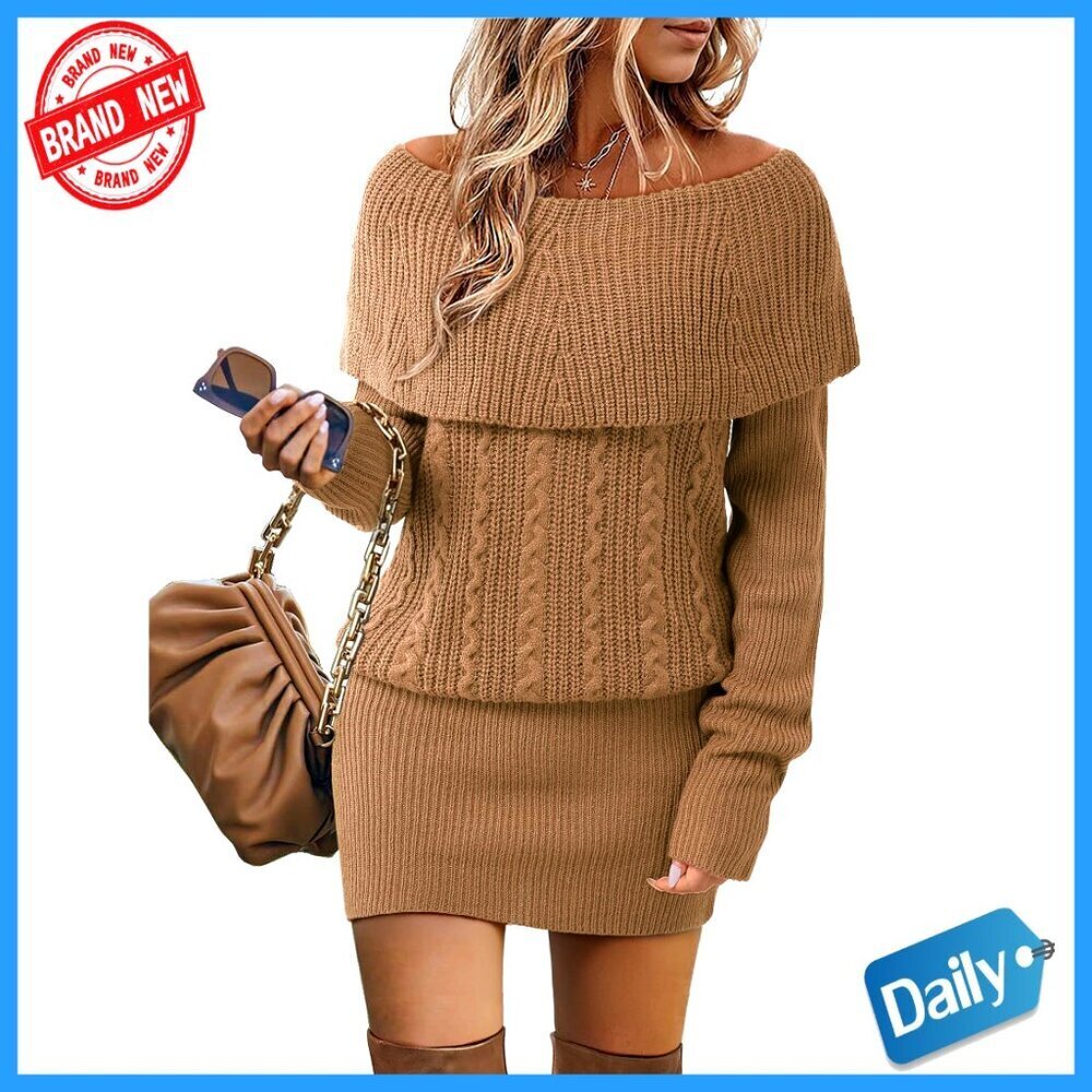 Chunky Cable Knit Cowl Neck Bodycon Mini Sweater Dress Long Sleeve Elegant